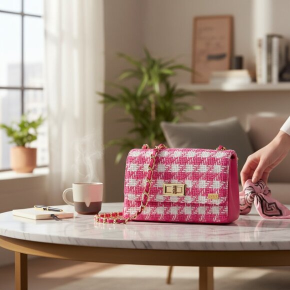 DESIGNER TSD12 PINK/WHITE CHECK FABRIC PRINT CHAIN DETAIL SMALL CROSSBODY BAG - Picture 1 of 13